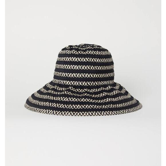 H&M Braided Straw Floppy Brim Sun Hat Size Medium Black Beige - Picture 1 of 8